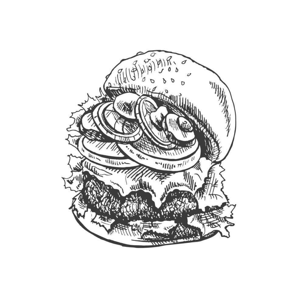 Hand-drawn sketch of great delicious sandwich, burger, hamburger isolated on white background. Fast food vintage illustration. Element for the design of labels, packaging and postcards vector