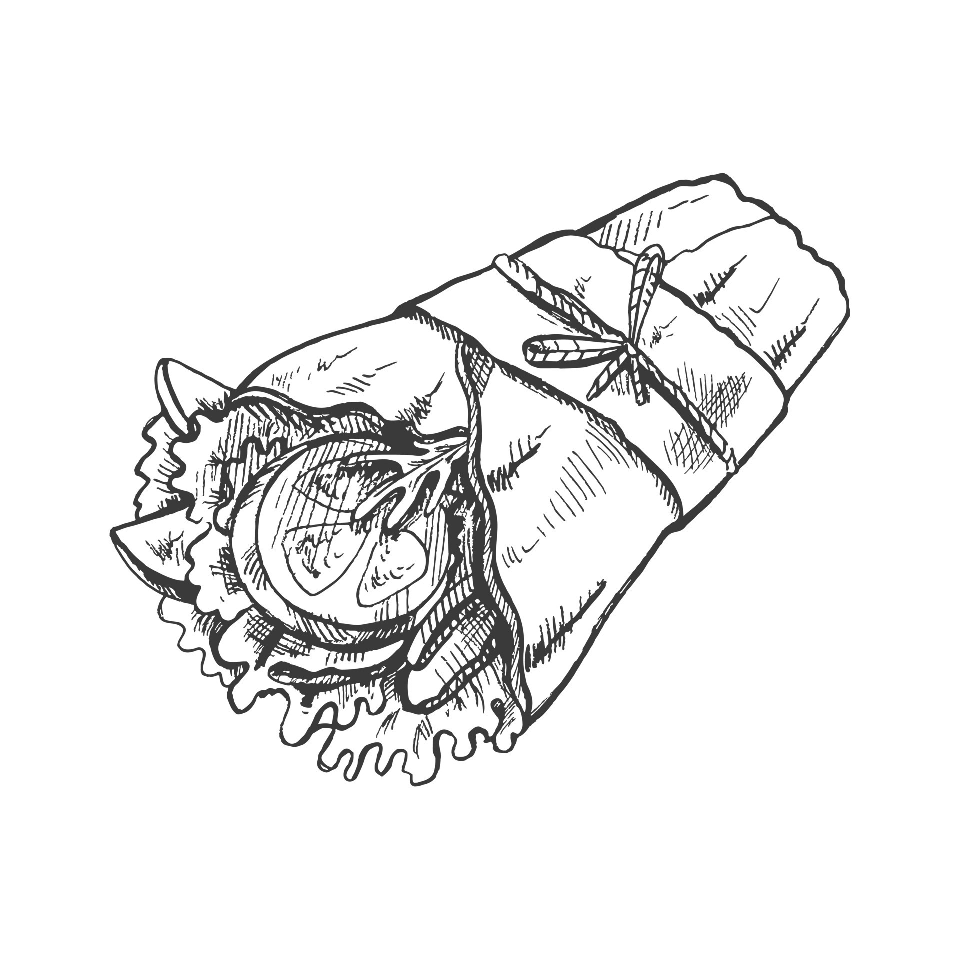 Handdrawn sketch style burrito wrap with vegetables pieces in paper