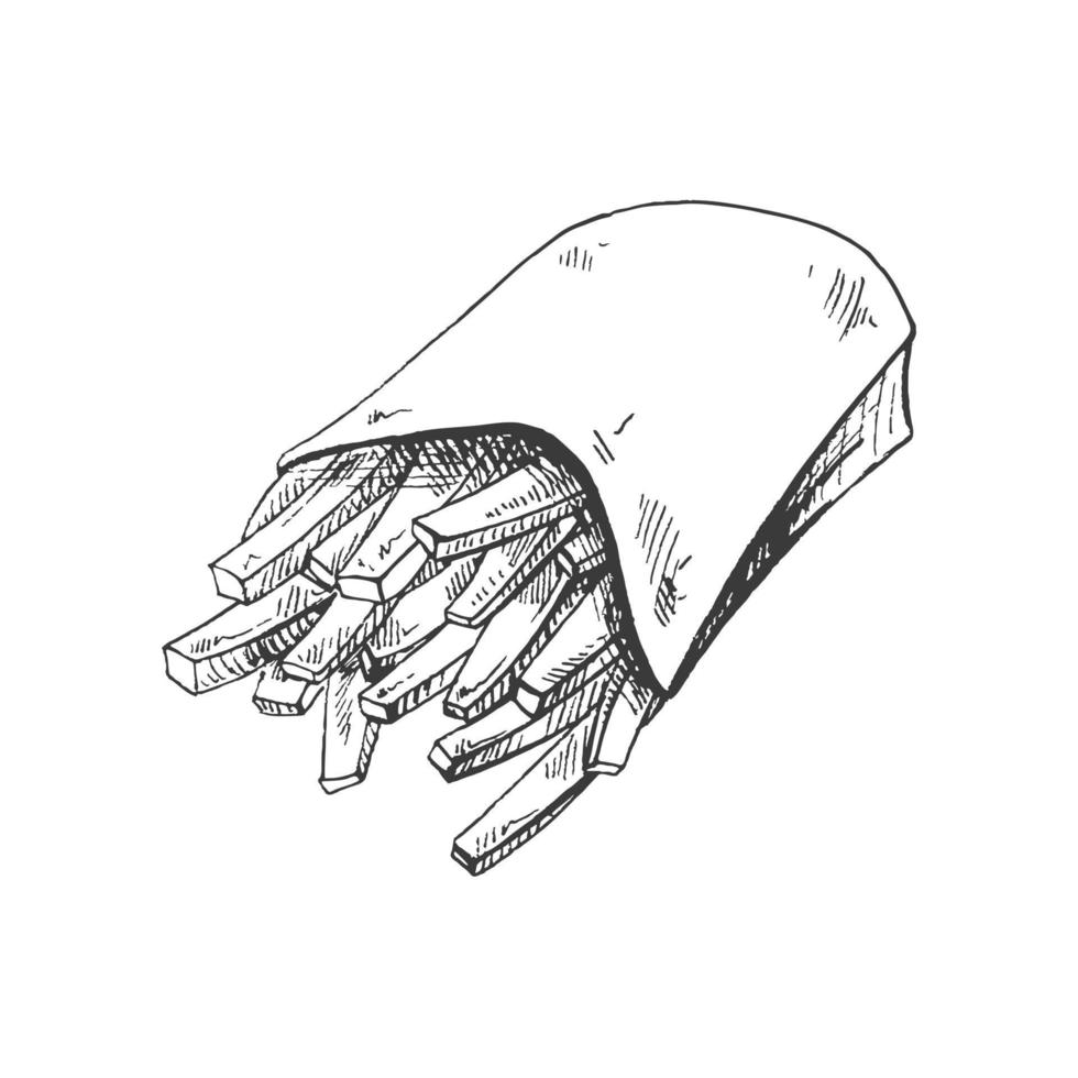 dibujado a mano bosquejo de francés papas fritas en un caja aislado en blanco antecedentes. rápido comida ilustración. Clásico dibujo. elemento para el diseño de etiquetas, embalaje y postales vector