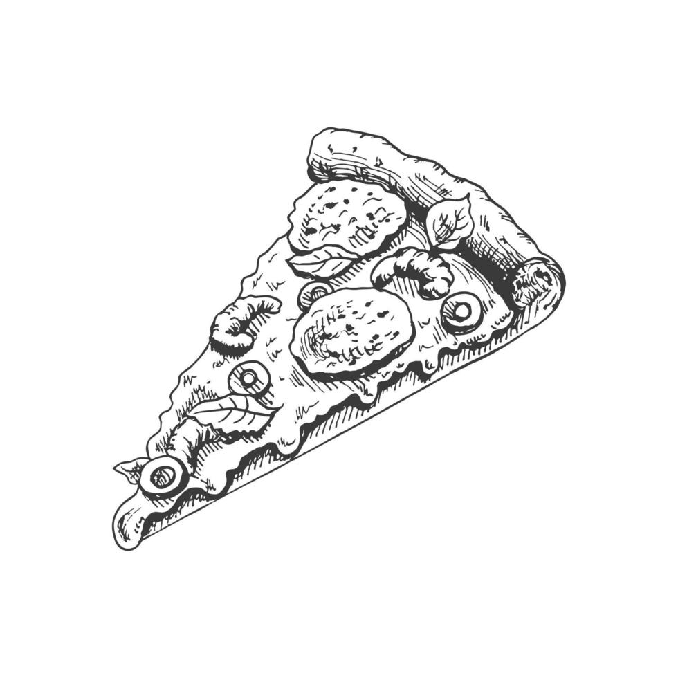 Hand-drawn sketch style pizza slice. Pizza with mozzarella, tomato sauce, sausage, olives, shrimps, melted cheese. Fast food vintage illustration. vector