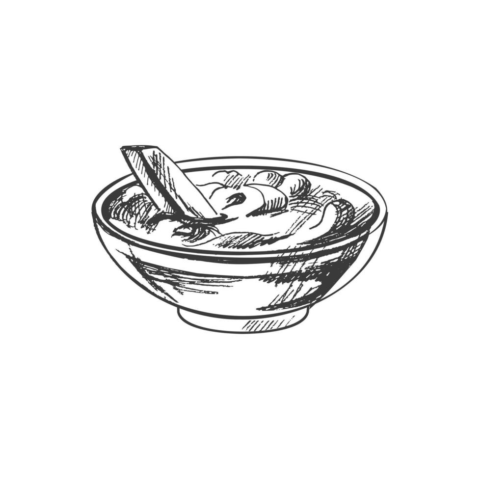 dibujado a mano bosquejo de francés papas fritas patata con tomate salsa aislado en blanco antecedentes. rápido comida ilustración. Clásico dibujo. elemento para el diseño de etiquetas, embalaje y postales vector