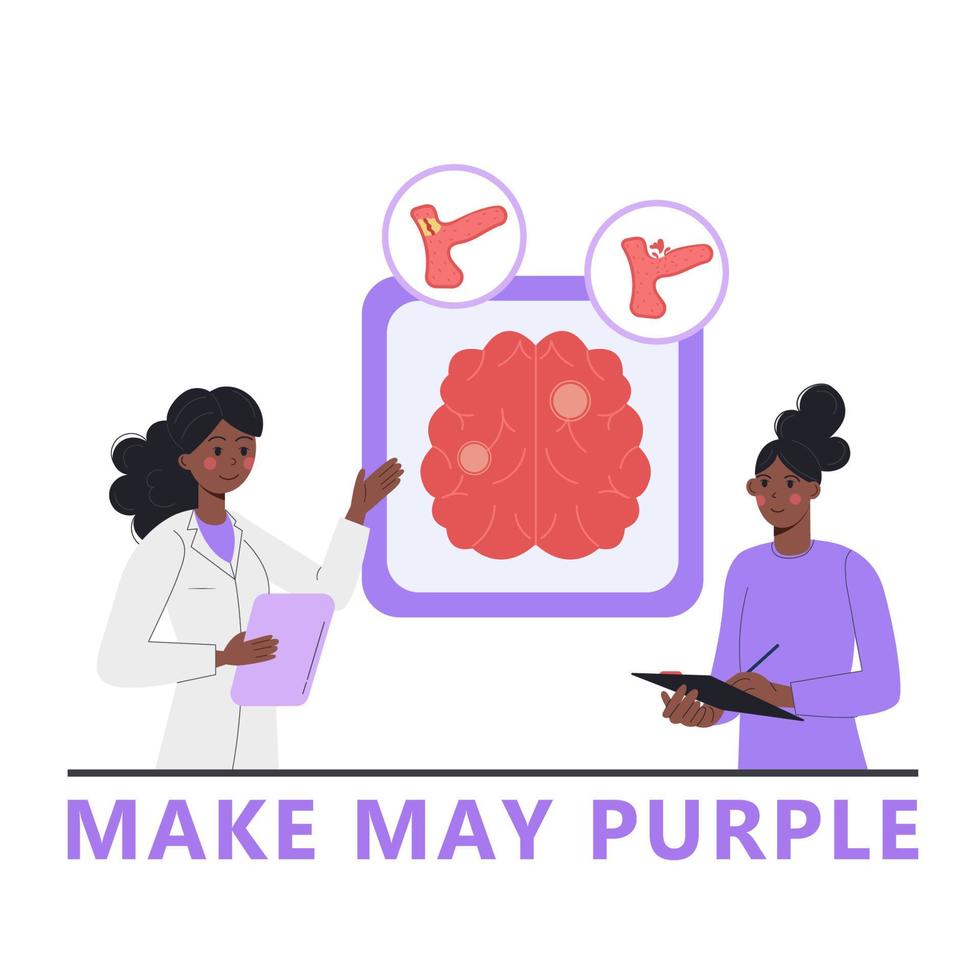 Woman doctor and African American woman patient exploring brain stroke in flat style. Make May Purple. vector