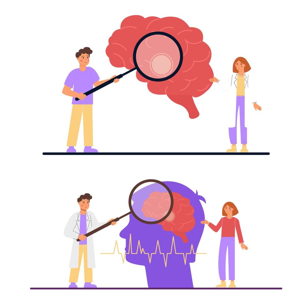 conjunto de ilustración de un médico y un paciente examinando un cerebro carrera en plano estilo. vector