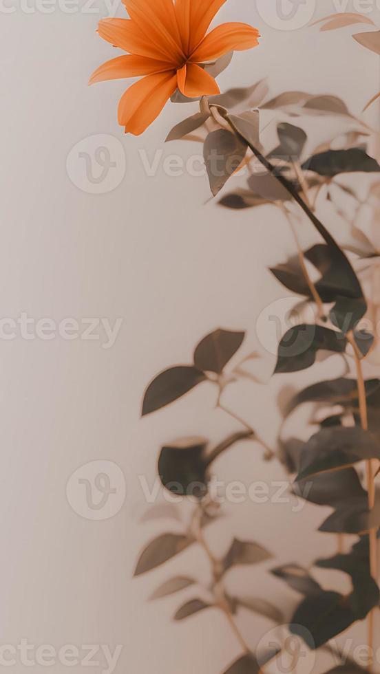Aesthetic Orange Flower With Leaves. Retro Colors, Minimalistic Composition photo