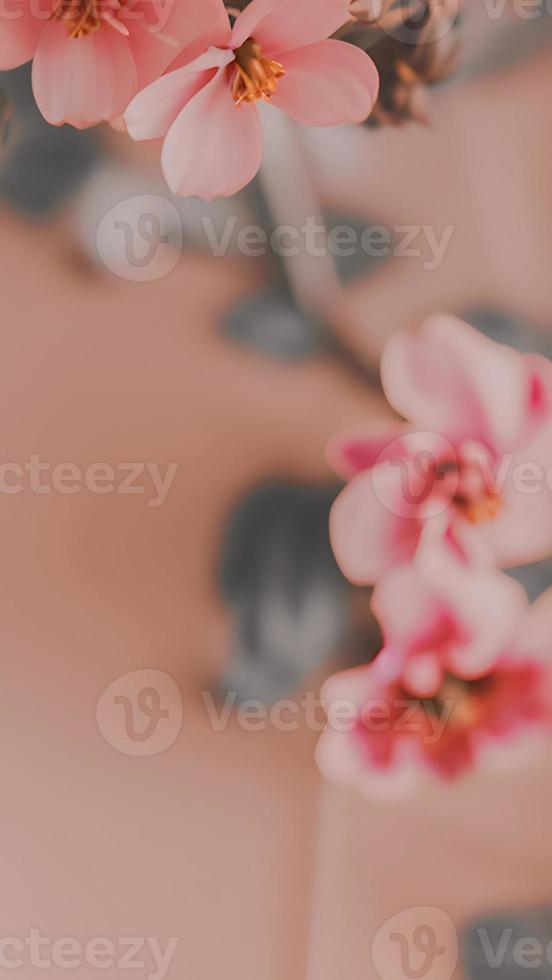 Aesthetic Closeup Pink Flowers And Leaves. Pastel Retro Colors photo