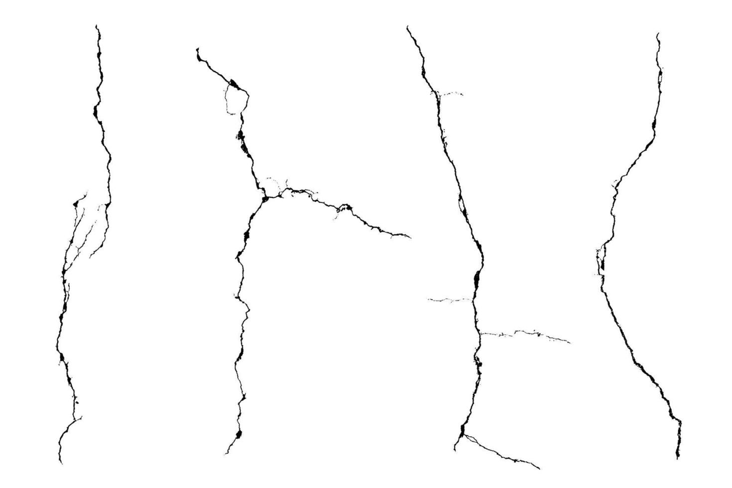 Crack vector set. Grunge urban graphic elements of rough surface. Dust overlay distress grained texture. One color graphic resource.