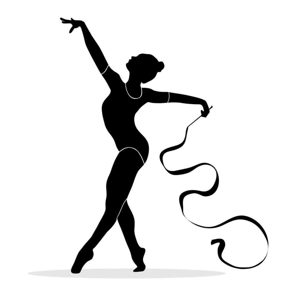 Silhouette of woman dancing rhythmic gymnastics with ribbon. Vector silhouette illustration