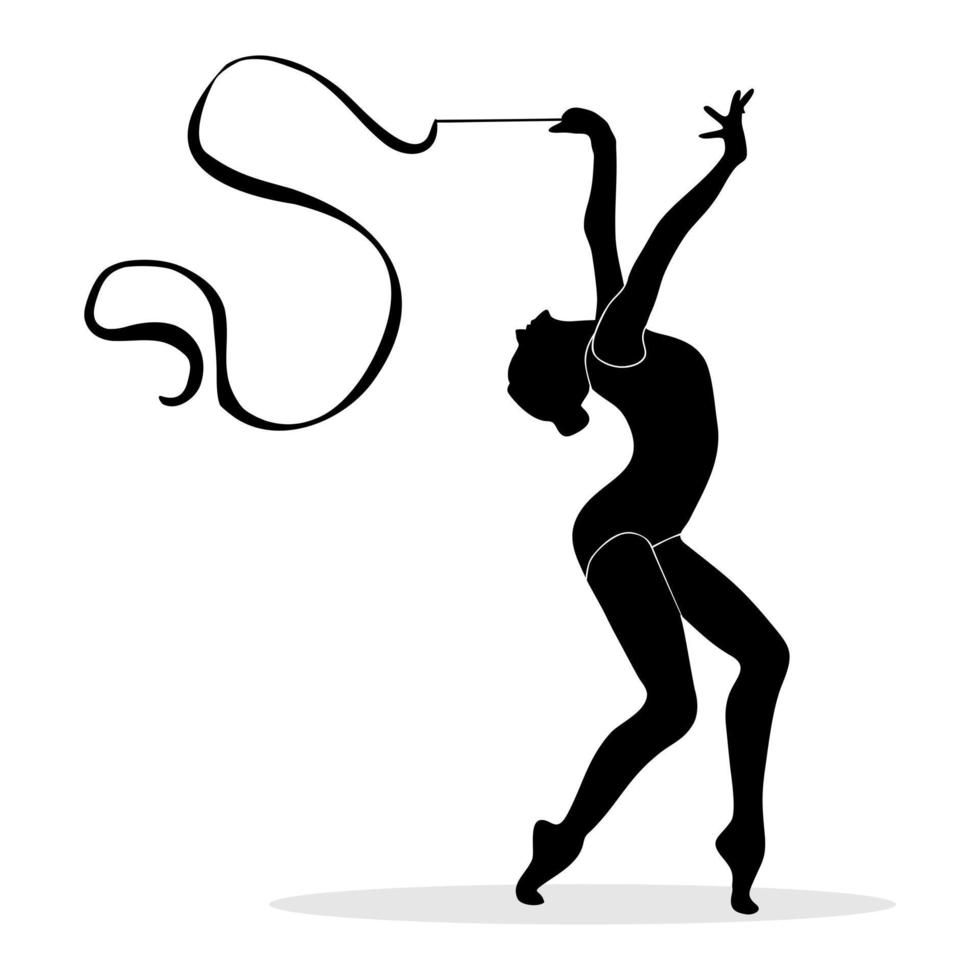 Silhouette of professional rhythmic gymnast player dancing with ribbon. Vector silhouette illustration