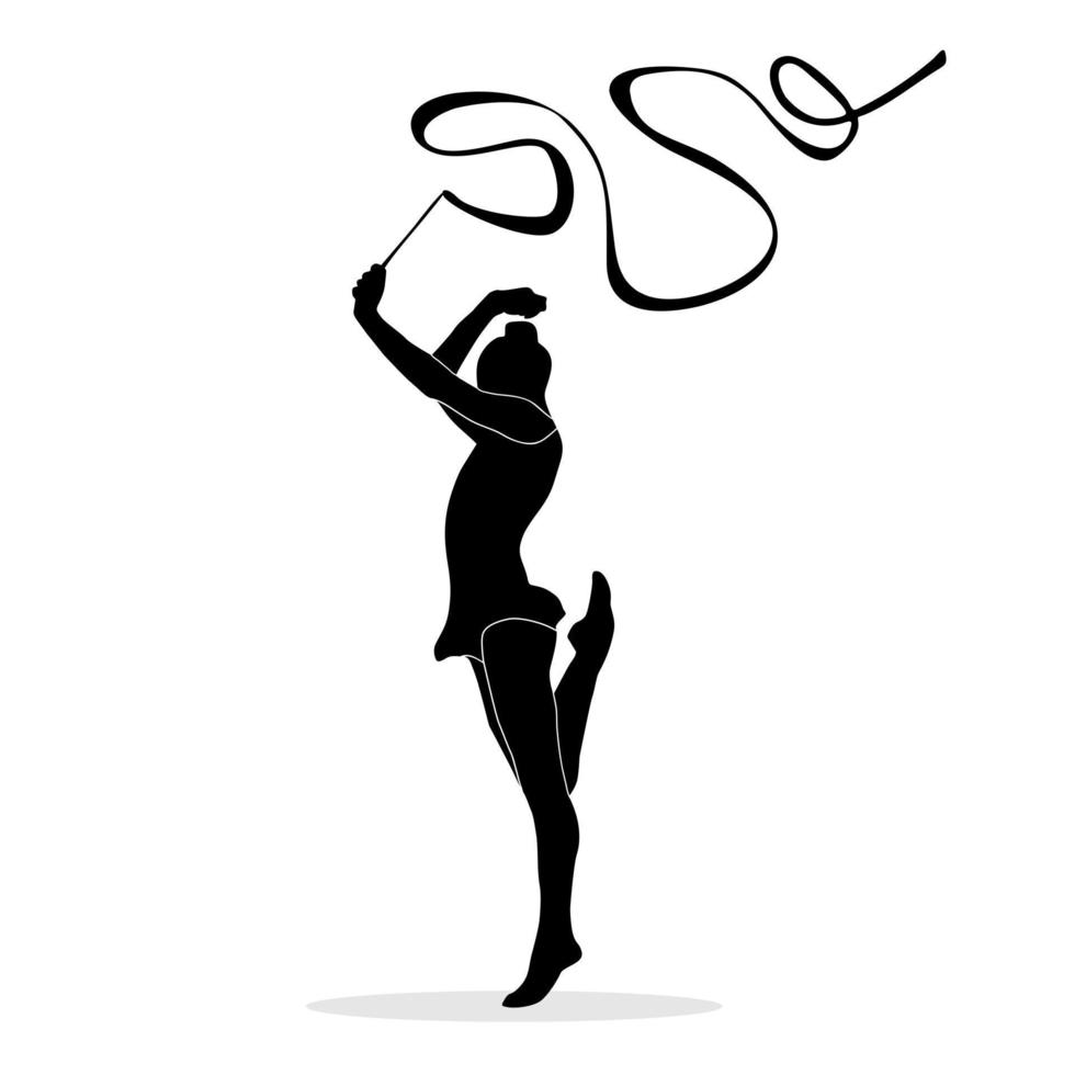 Silhouette of girl playing rhythmic gymnastics with ribbon isolated on white background vector