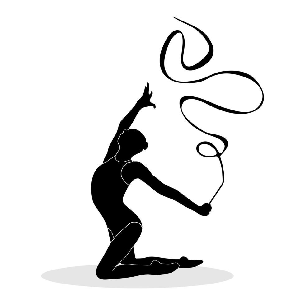 Rhythmic gymnastics dancing girl silhouette using ribbon. Vector illustration