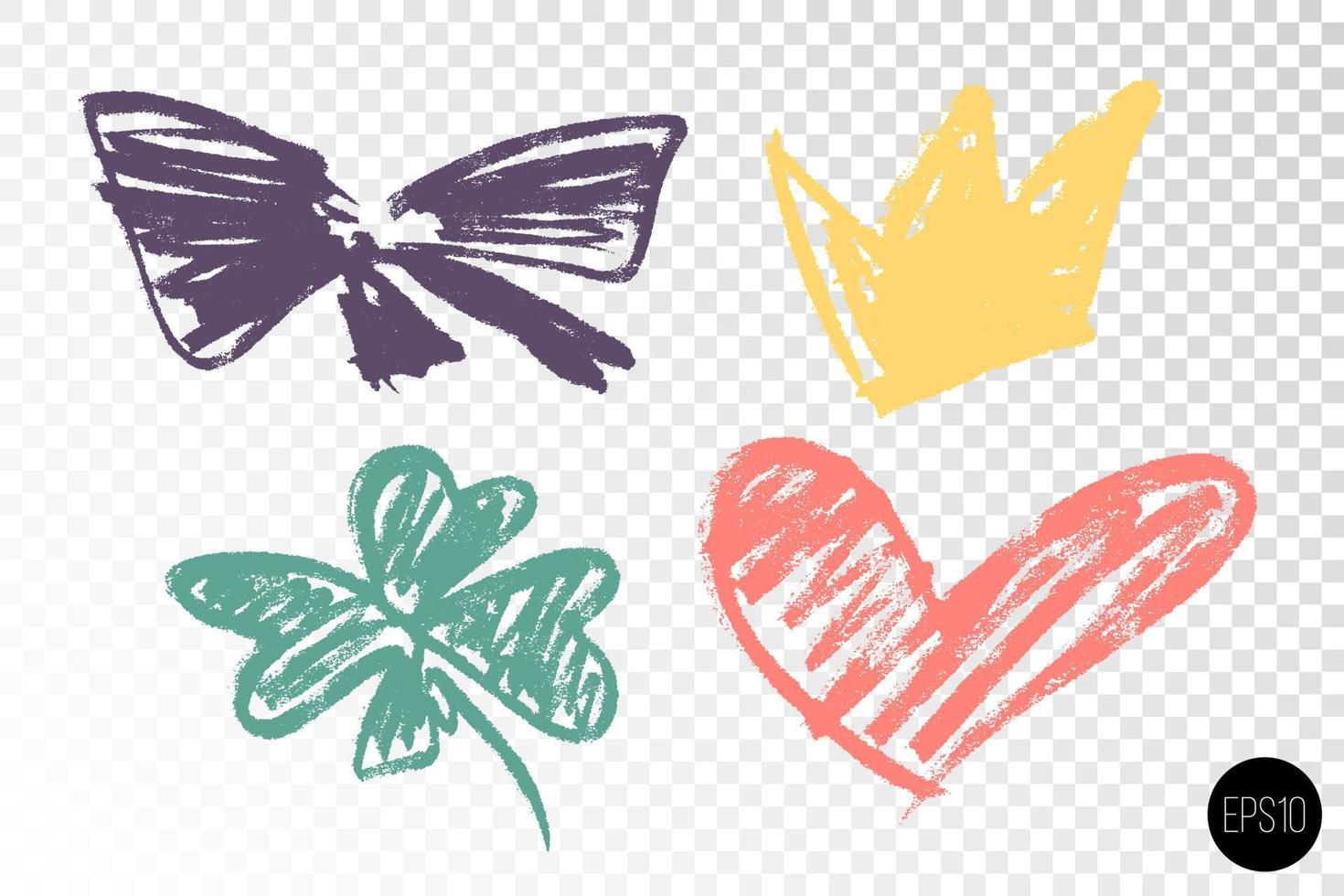 vector conjunto de mano dibujado seco cepillo simbolos vistoso mano dibujado corona, corazón, arco de cinta y cuatro hojas trébol. mano dibujado iconos