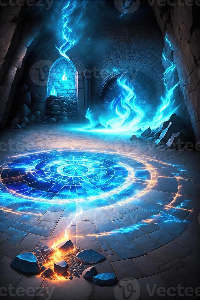 shining magic circle is drawn on the floor by photo