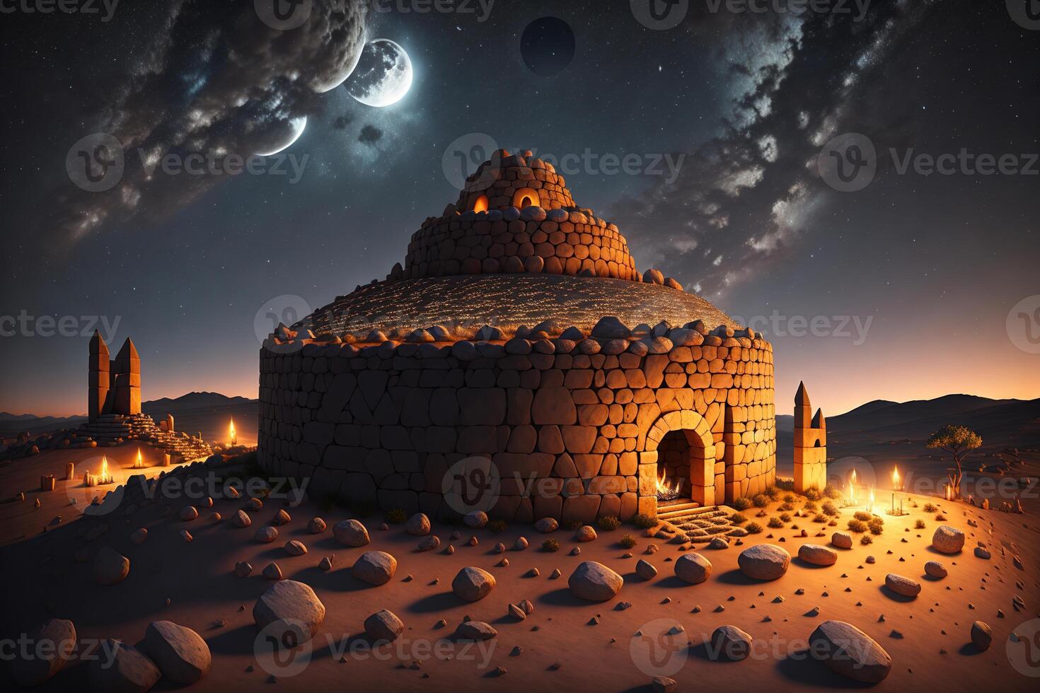 Sardinian nuraghe illuminated by the moon with a fire and a phoenician shaman inside by photo