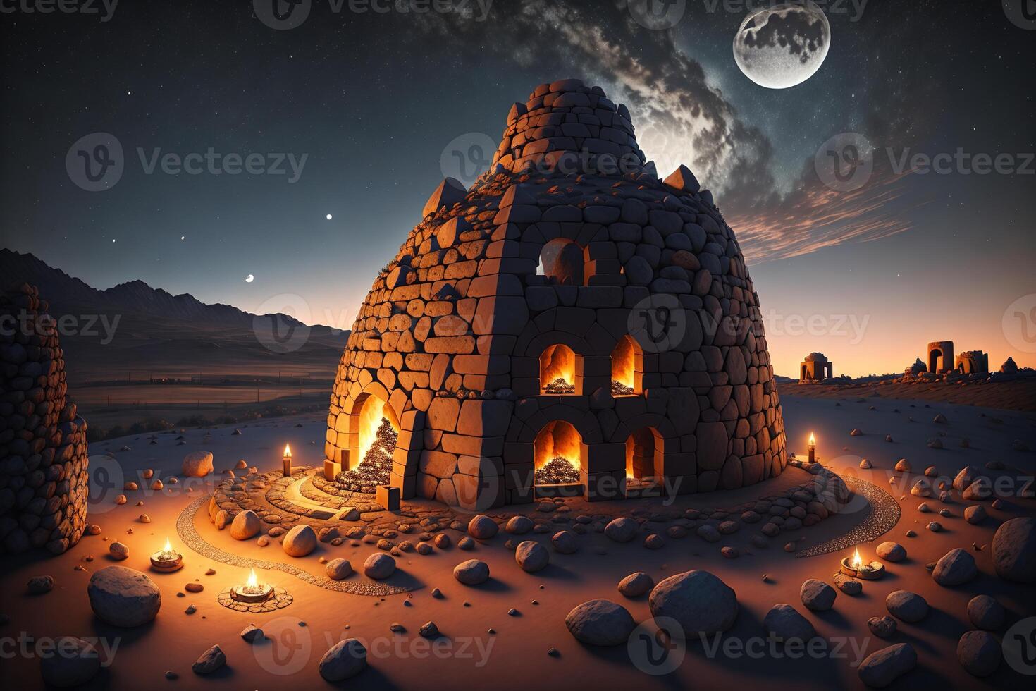 sardo nuraghe iluminado por el Luna con un fuego y un fenicio chamán dentro por ai generado foto