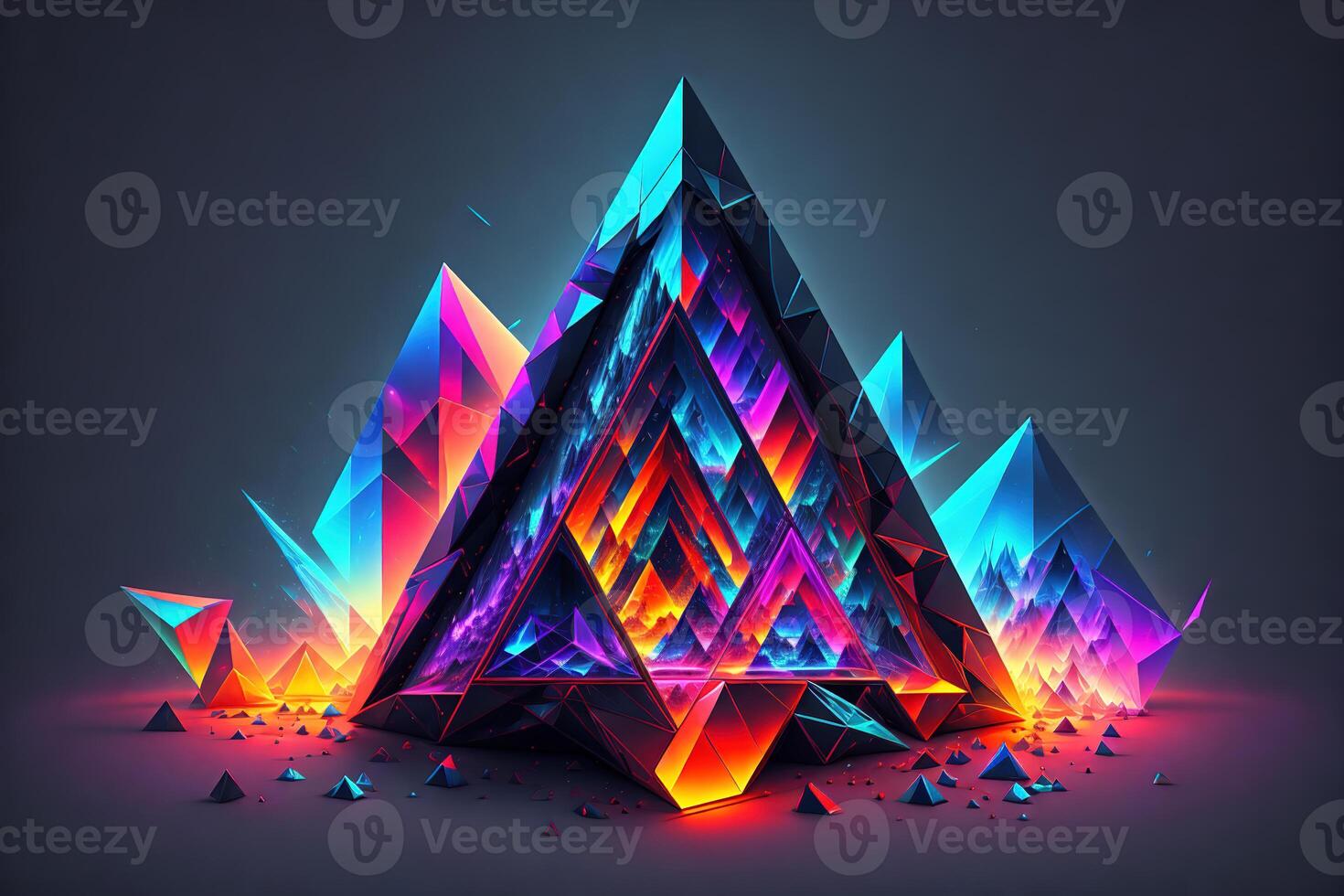 tetrahedron cubes cyberpunk. abstract surreal geometric shape on dark background by photo