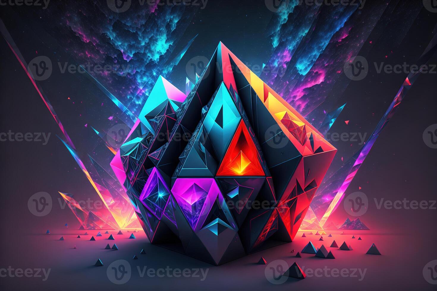 tetrahedron cubes cyberpunk. abstract surreal geometric shape on dark background by photo