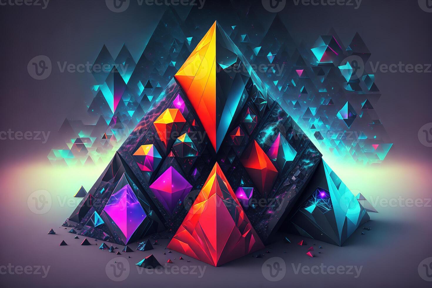 tetrahedron cubes cyberpunk. abstract surreal geometric shape on dark background by photo