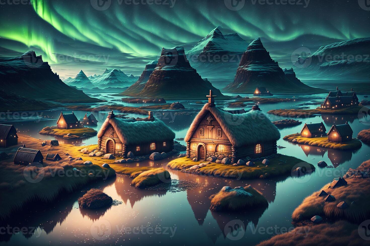 vikingo casas en un vikingo paisaje del Norte luces en el oscuro por ai generado foto