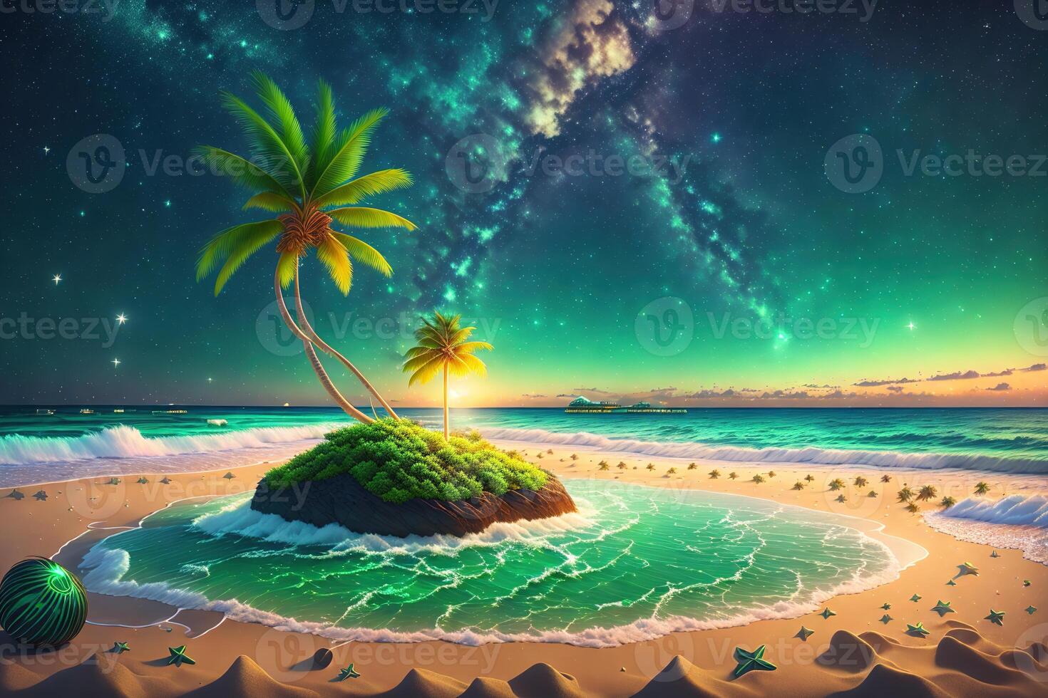 Night sea side coconut tree green lawnbeach star galaxy by photo