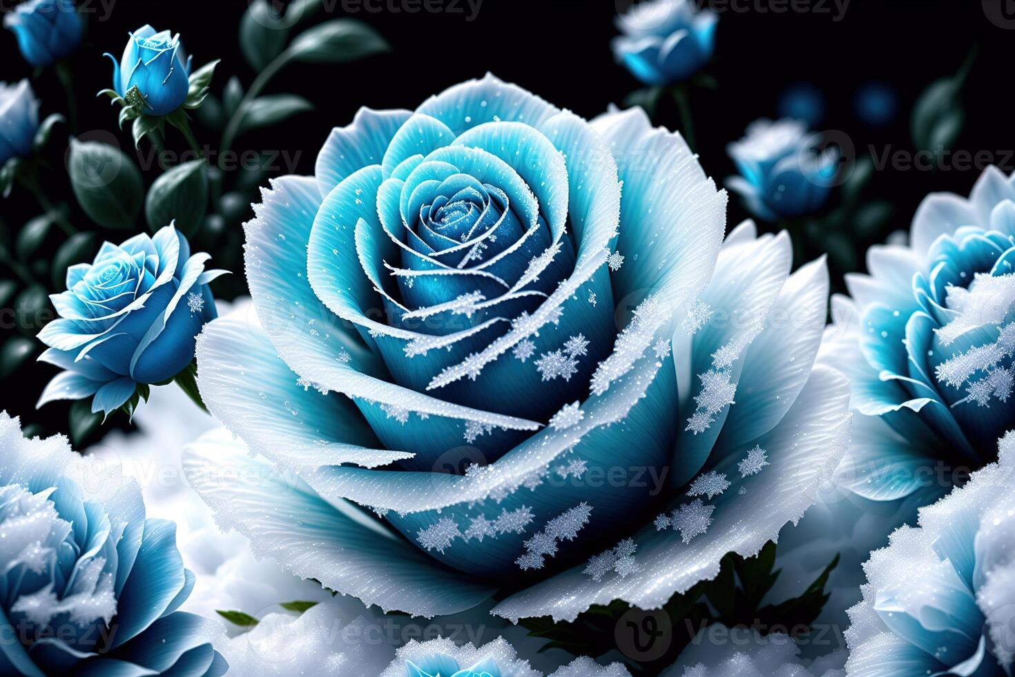 One frozen blue rose with ice crystals by photo