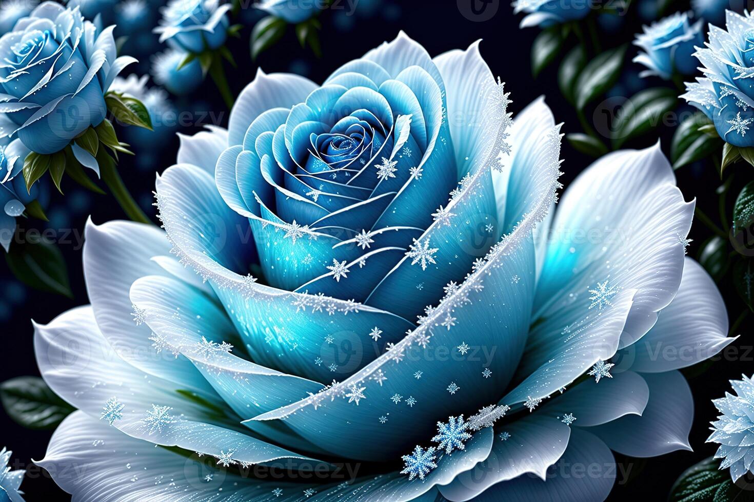 One frozen blue rose with ice crystals by photo