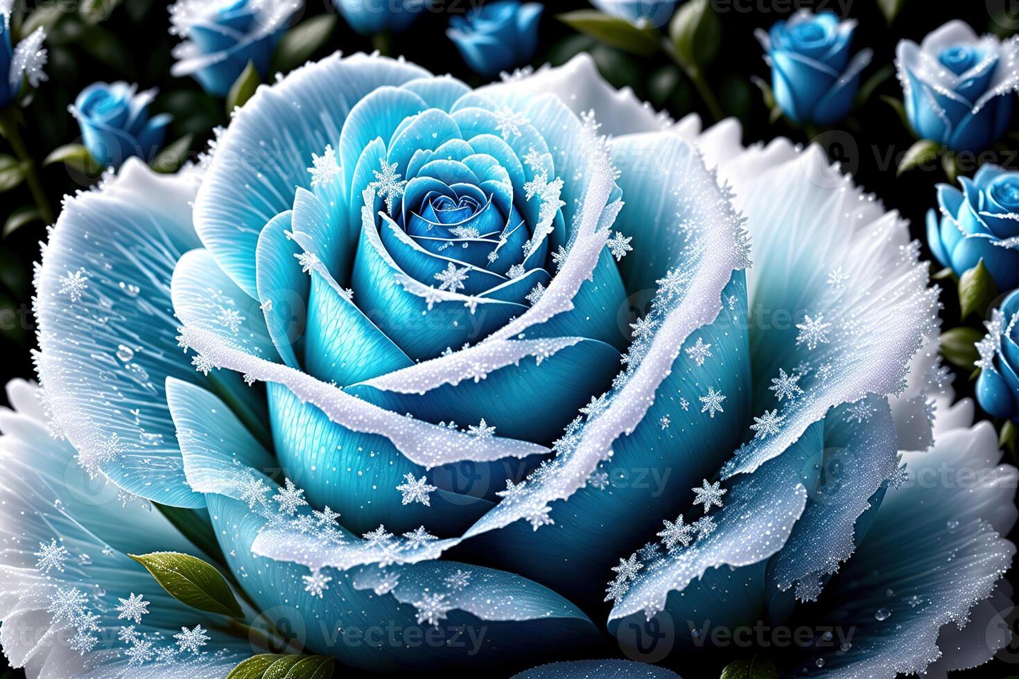 One frozen blue rose with ice crystals by photo