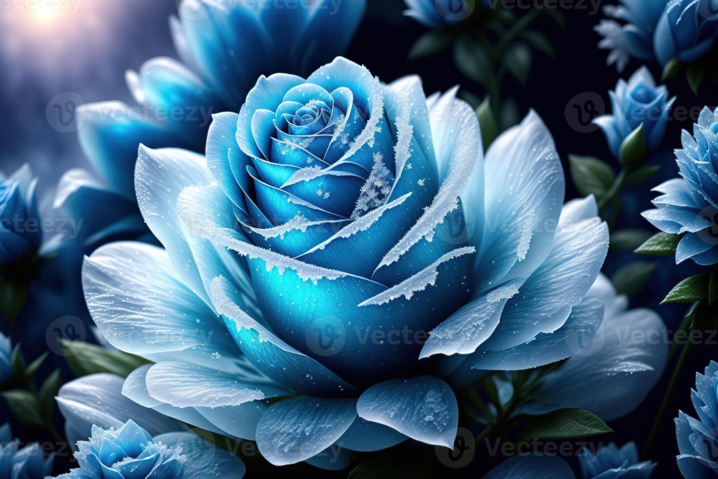 One frozen blue rose with ice crystals by photo