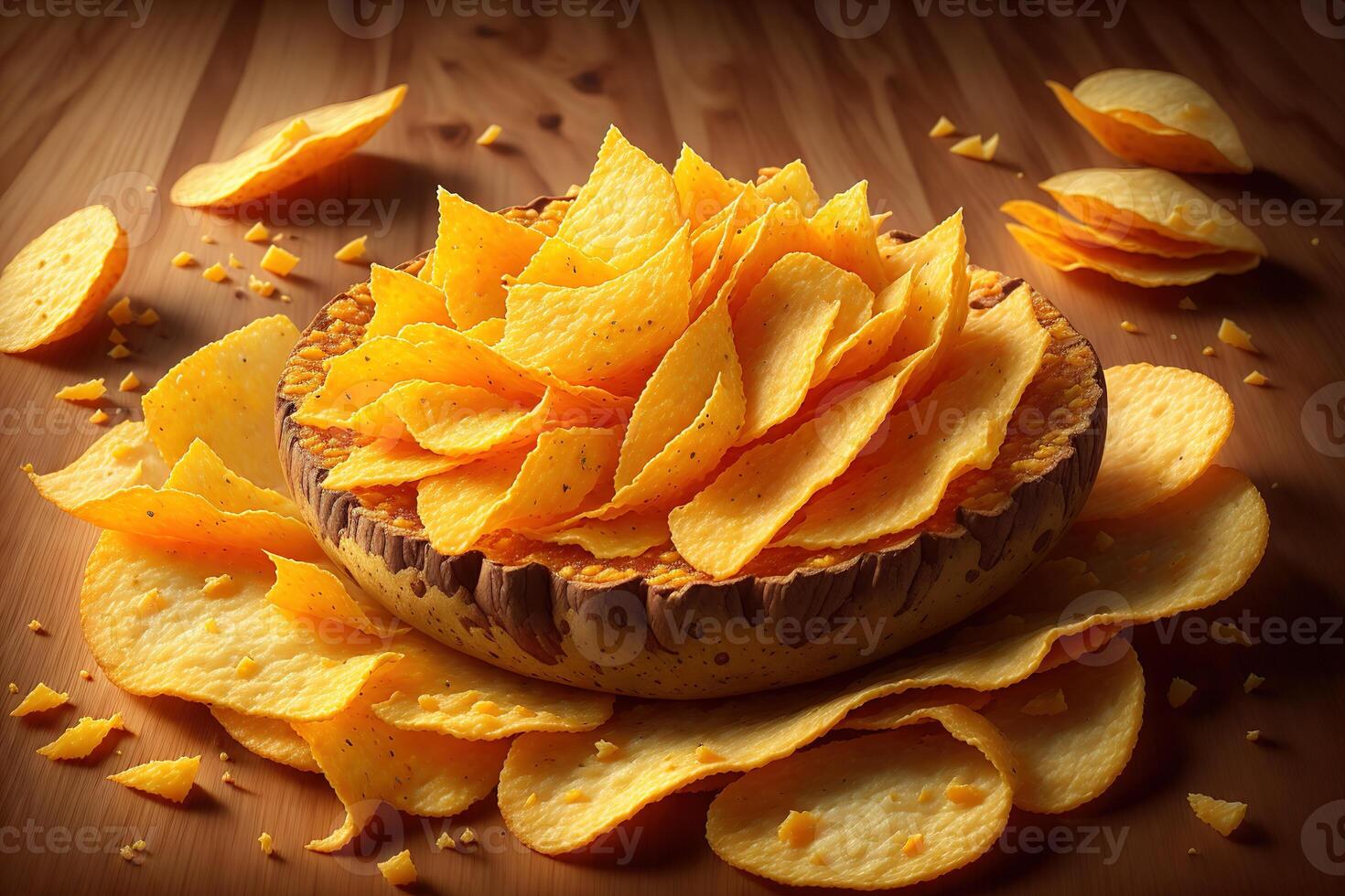 Potato chips with cheddar rustic background by photo