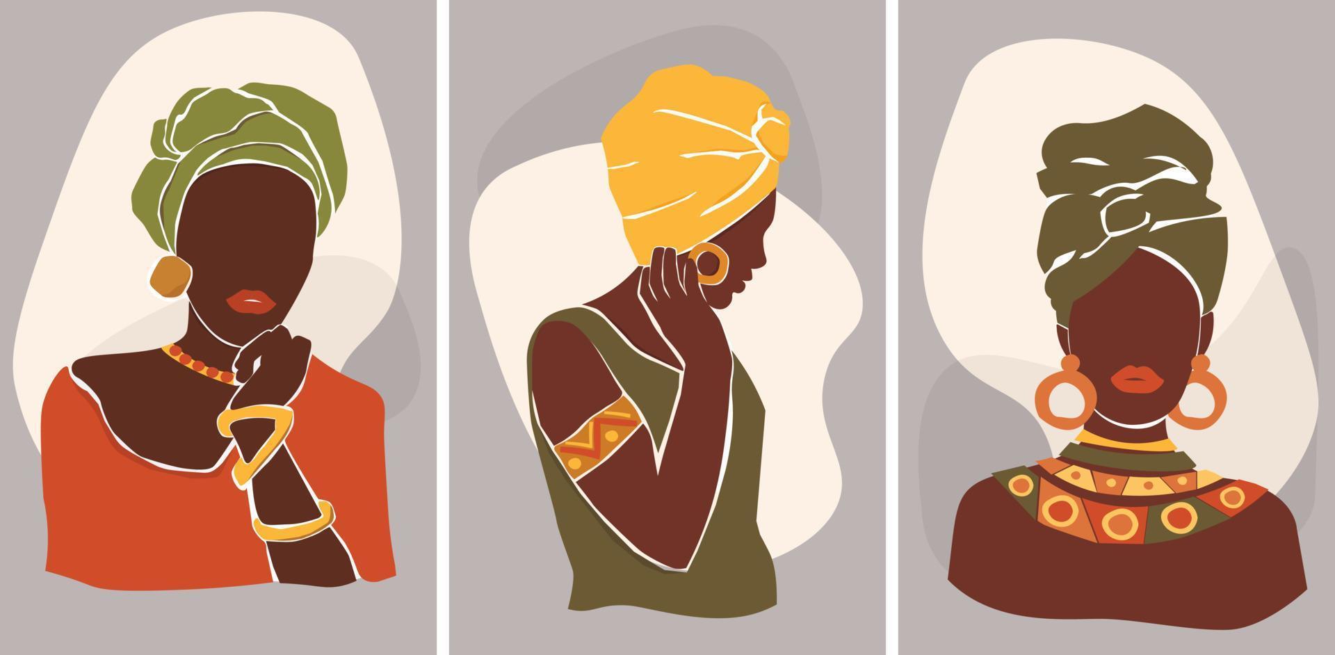 un conjunto de resumen carteles con de piel oscura mujer desde África en nacional ropa. vector gráficos.