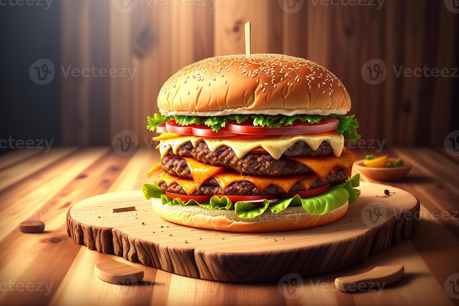 Fresh tasty homemade burger on wooden table by photo
