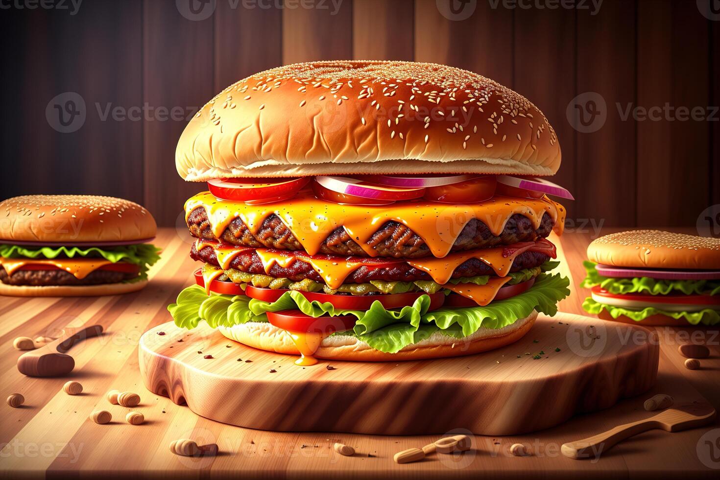 Fresh tasty homemade burger on wooden table by photo