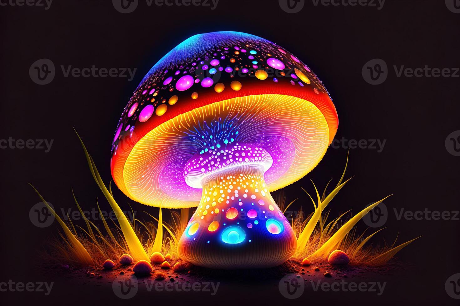 Glowing magic mushroom on black background by photo