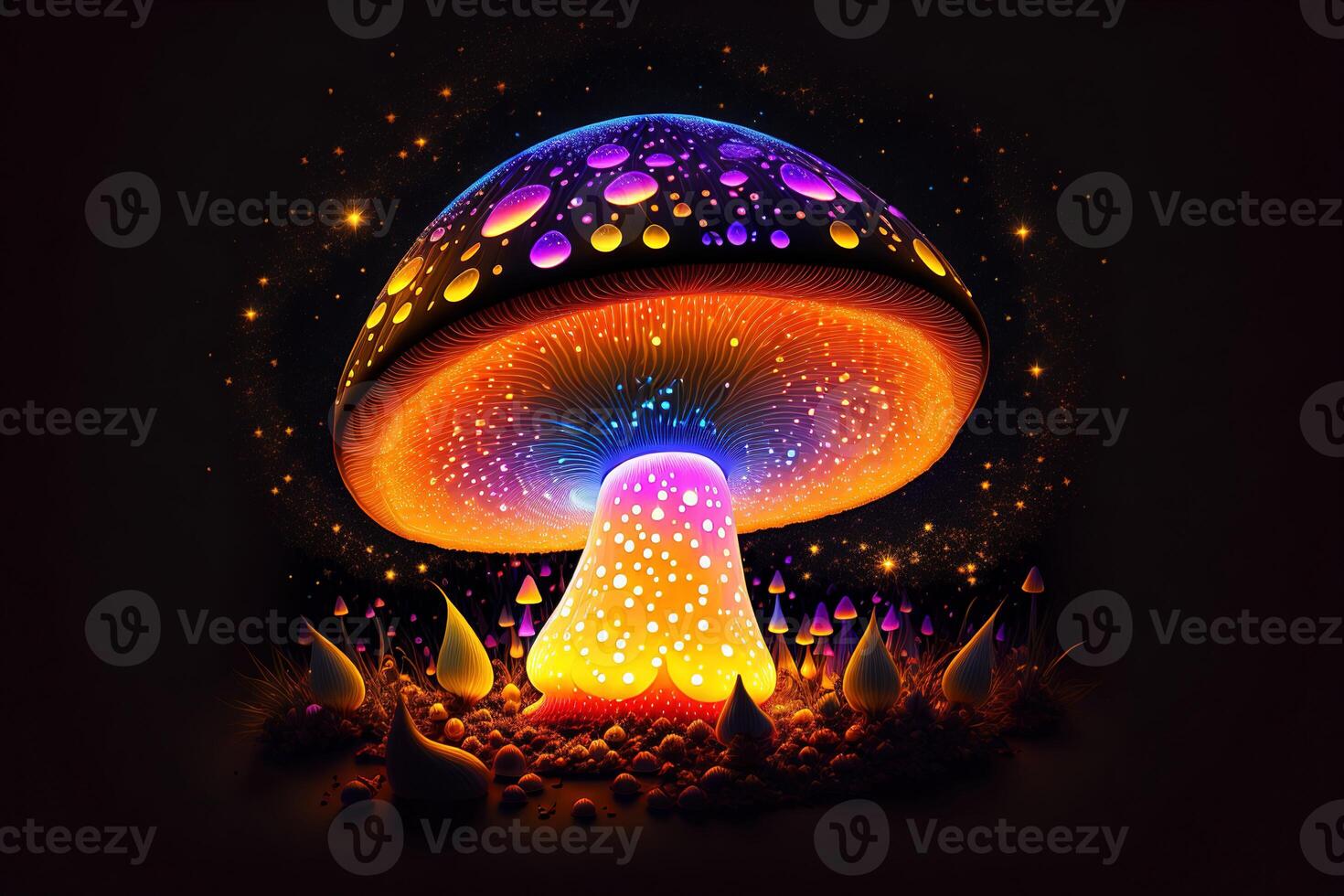 Glowing magic mushroom on black background by photo