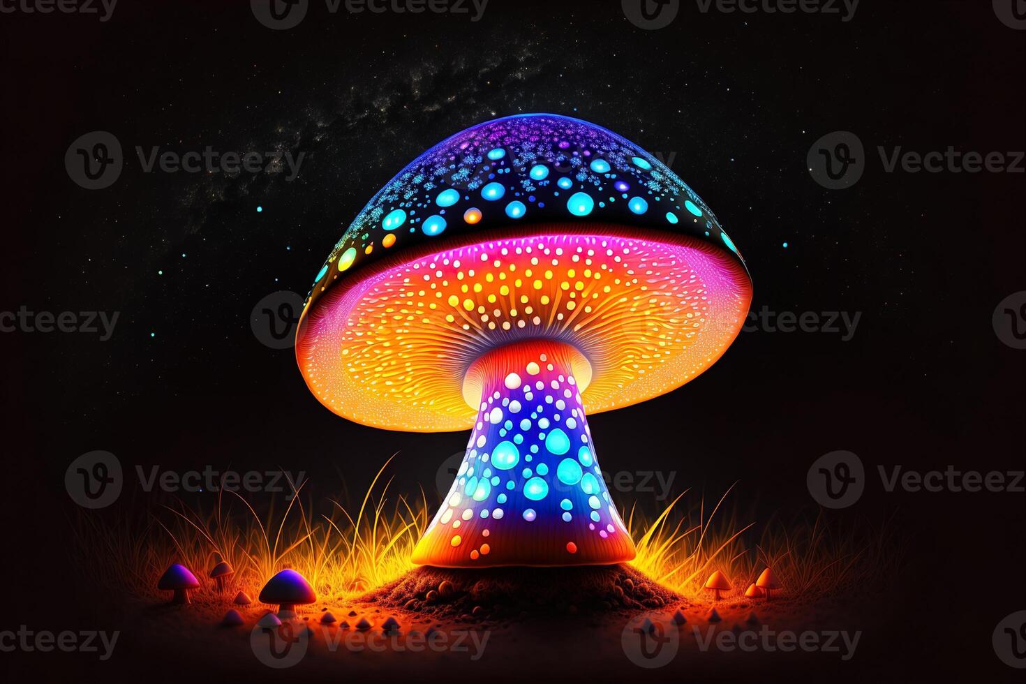 Glowing magic mushroom on black background by photo