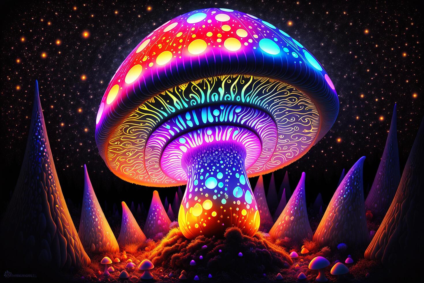 Glowing magic mushroom on black background by photo