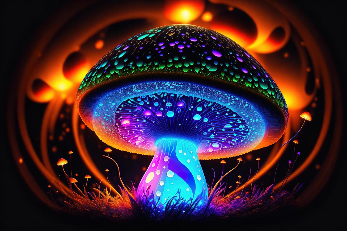 Glowing magic mushroom on black background by photo