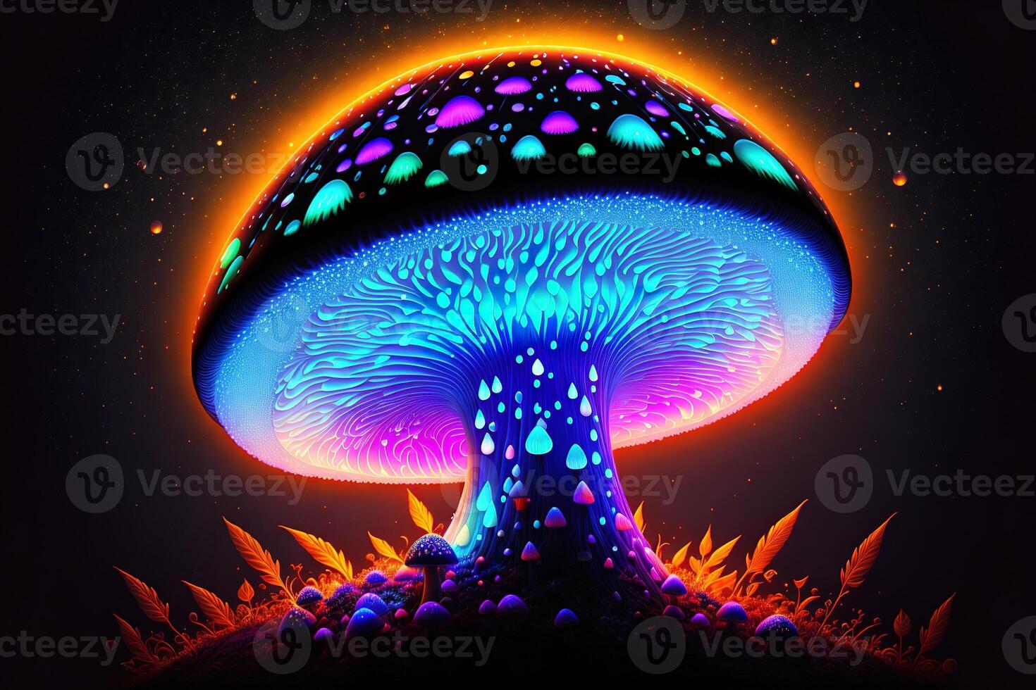 Glowing magic mushroom on black background by photo