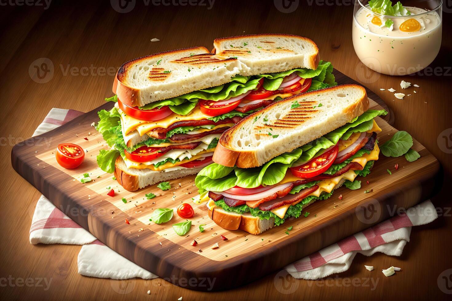 Grilled and sandwich with bacon fried egg tomato and lettuce served on wooden cutting board by photo