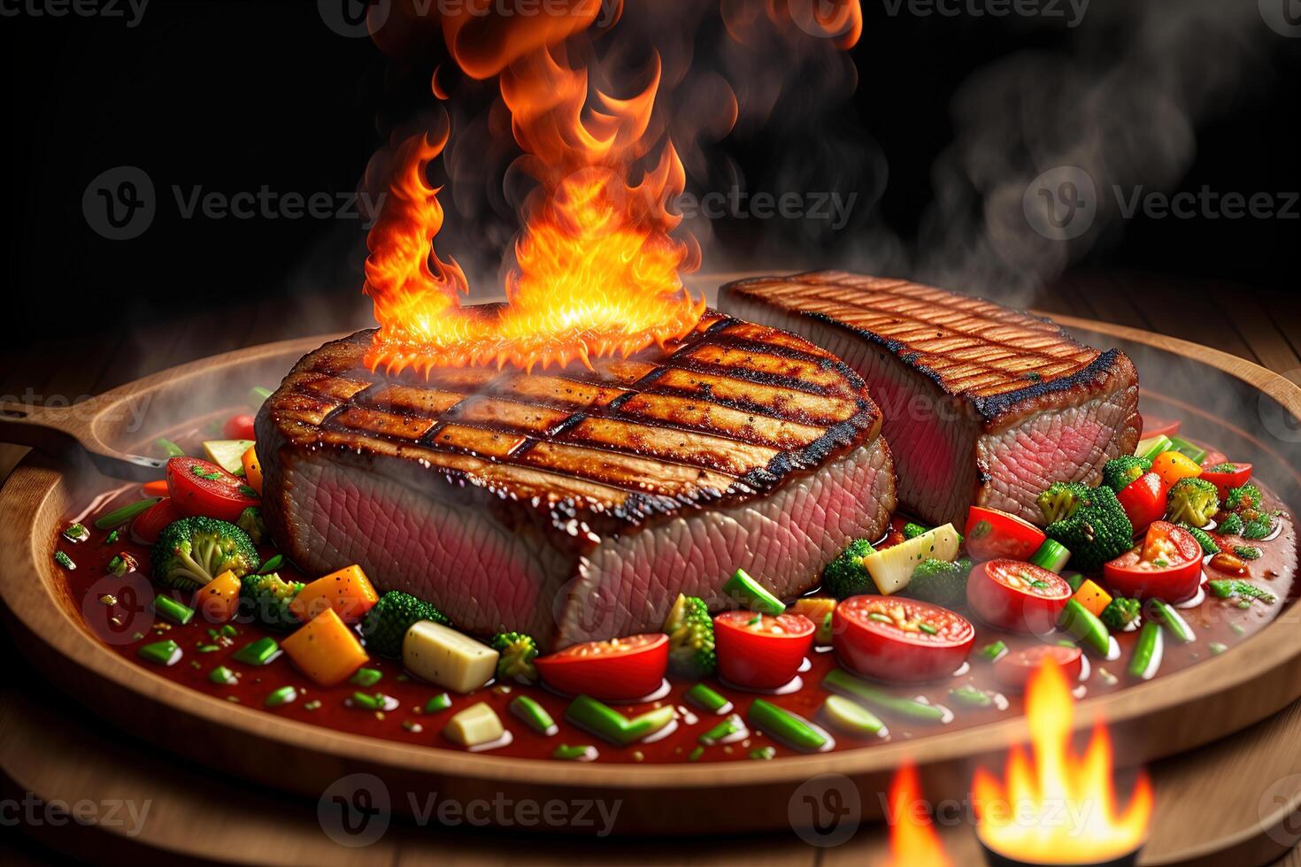 Grilled beef steak with vegetable on the flaming grill by photo