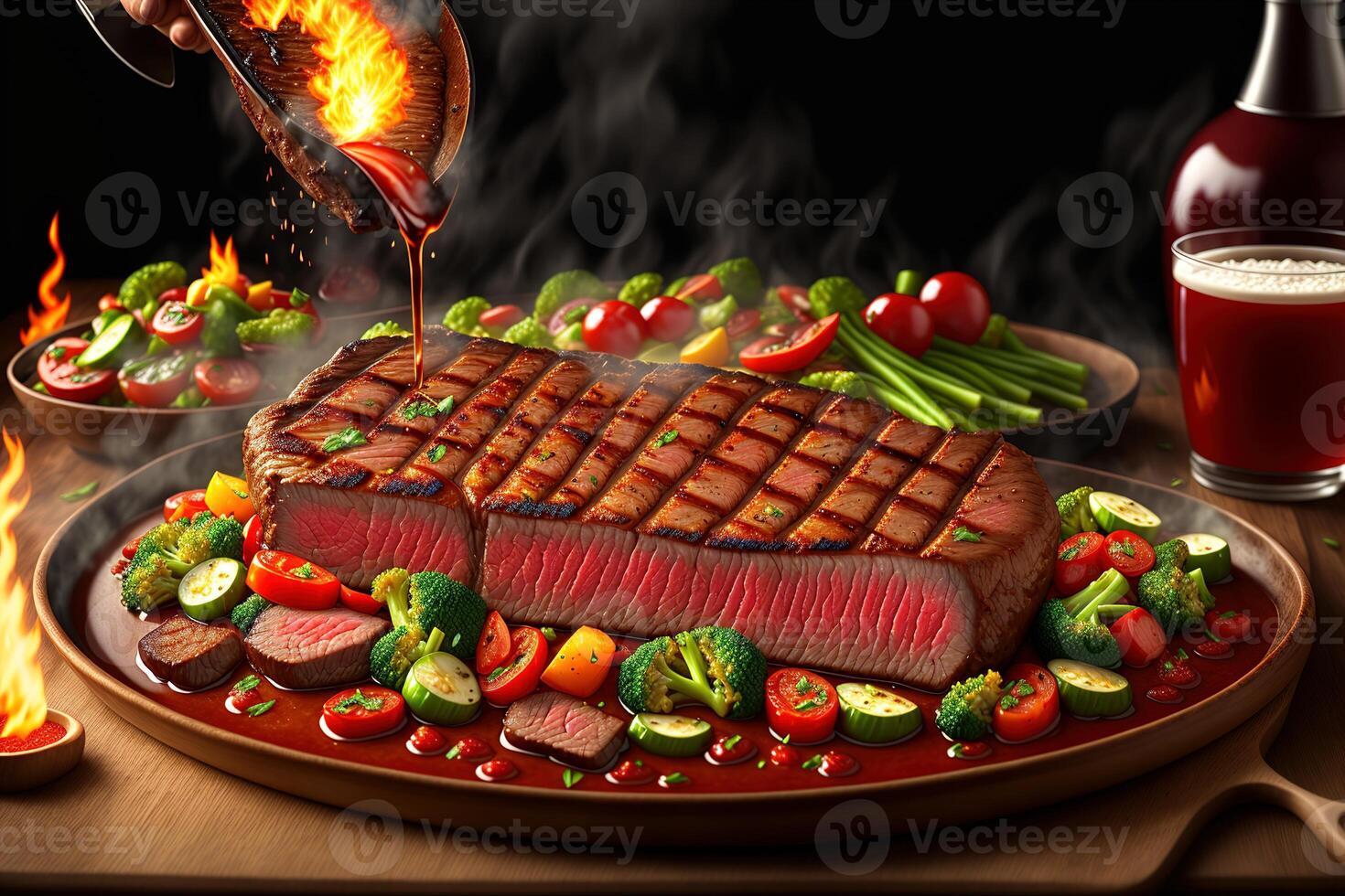 Grilled beef steak with vegetable on the flaming grill by photo