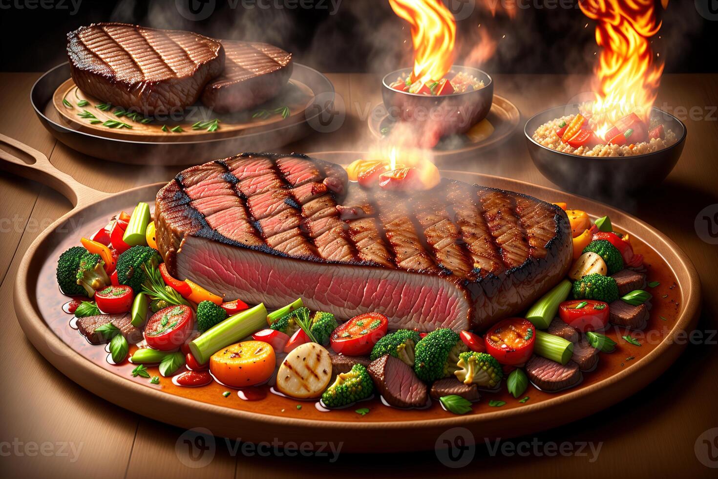 Grilled beef steak with vegetable on the flaming grill by photo