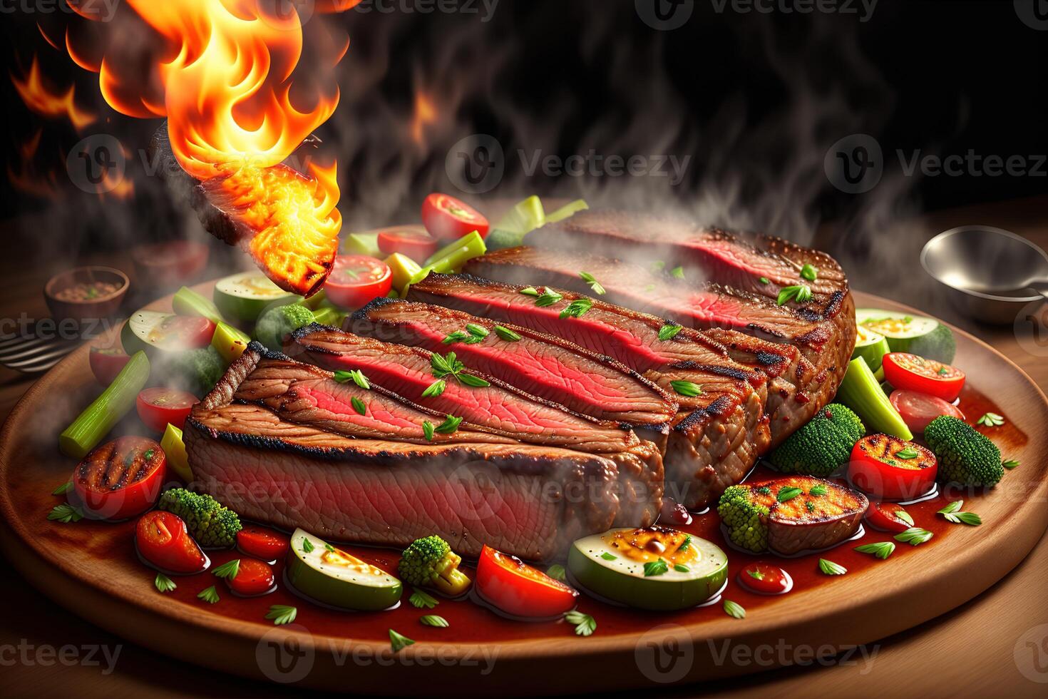 Grilled beef steak with vegetable on the flaming grill by photo