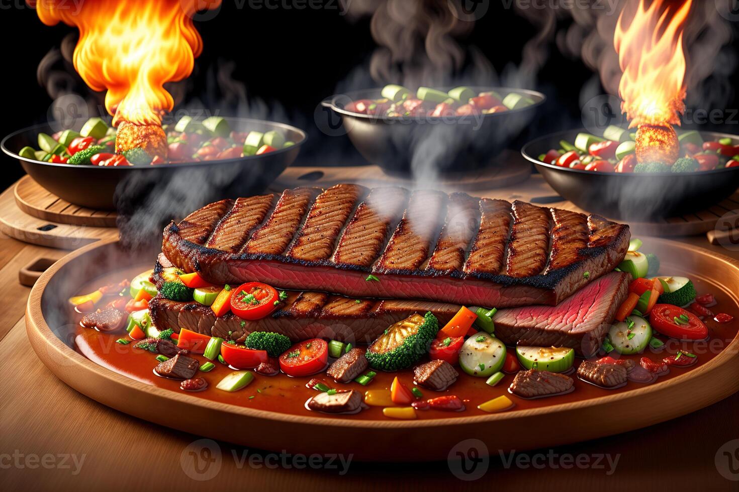 Grilled beef steak with vegetable on the flaming grill by photo