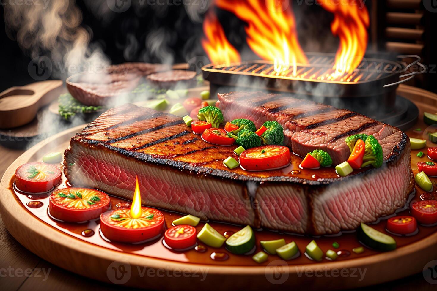 Grilled beef steak with vegetable on the flaming grill by photo