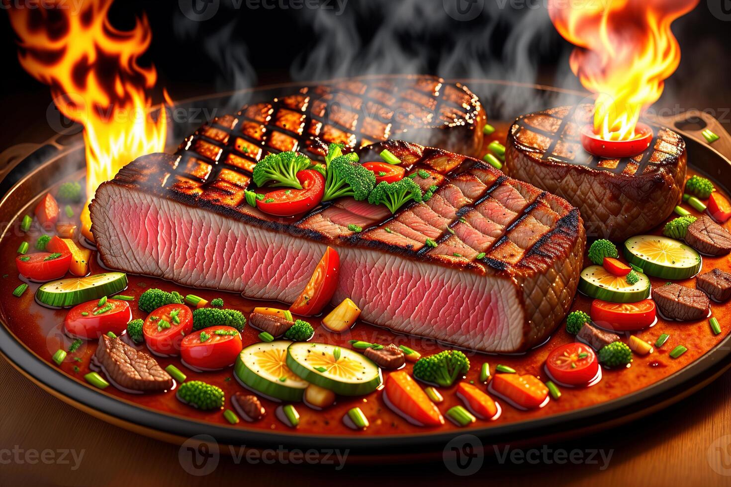 Grilled beef steak with vegetable on the flaming grill by photo