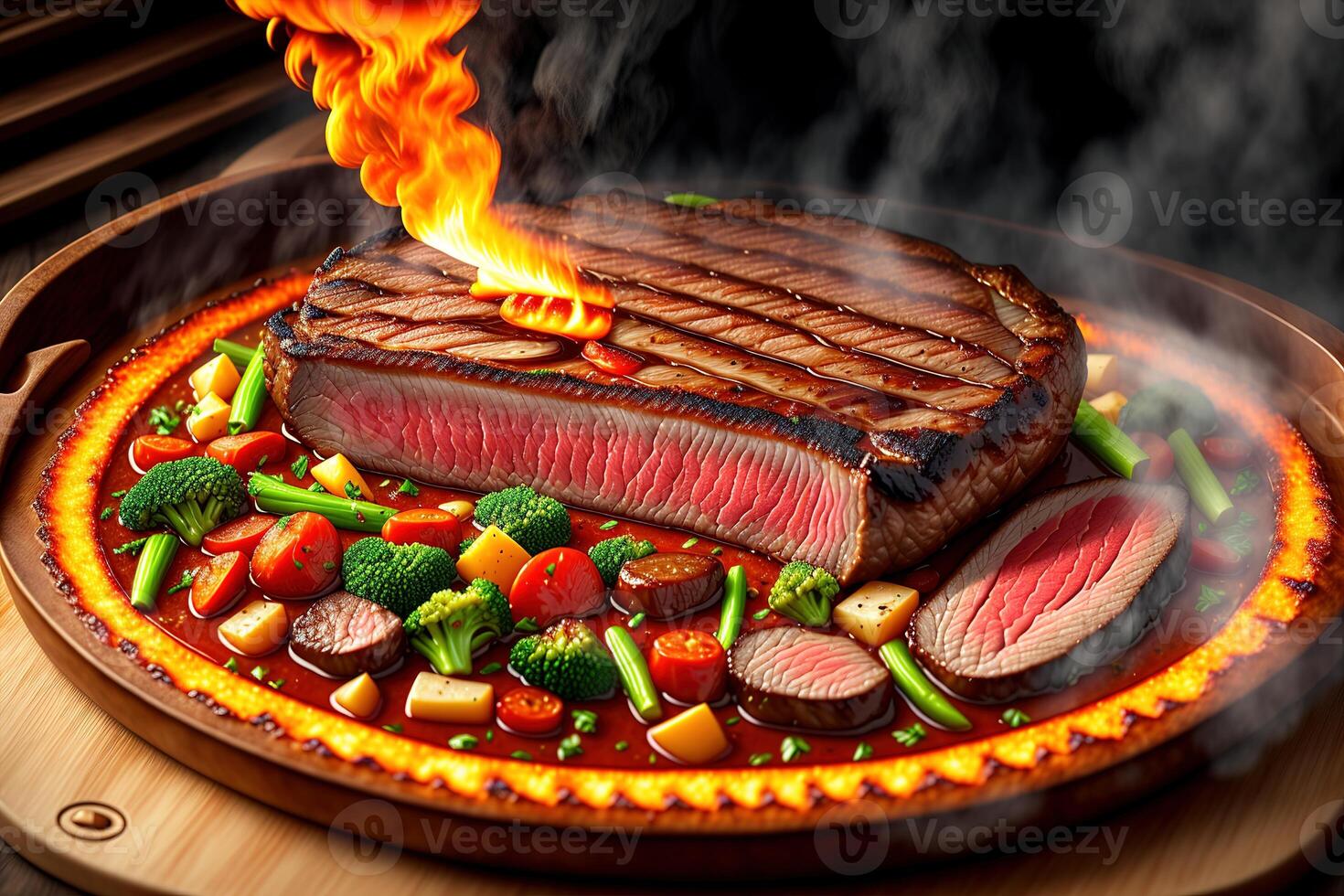 Grilled beef steak with vegetable on the flaming grill by photo