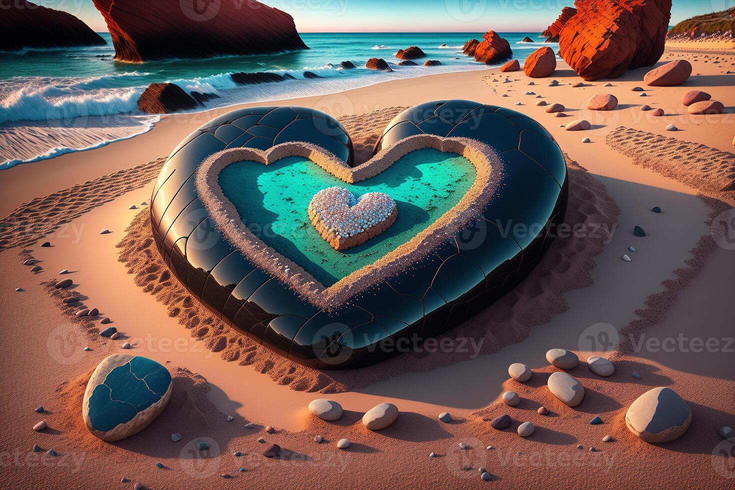 corazón hecho fuera de rocas en un playa por ai generado foto
