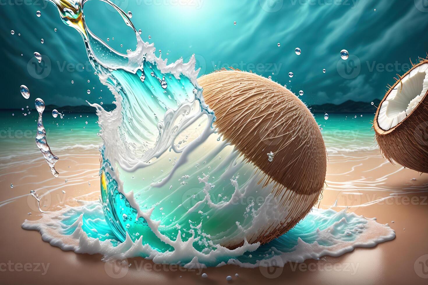 Coconut in water splash realistic composition by photo