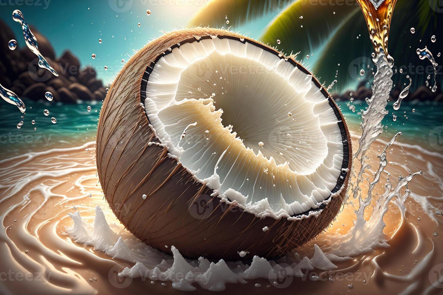 Coconut in water splash realistic composition by photo