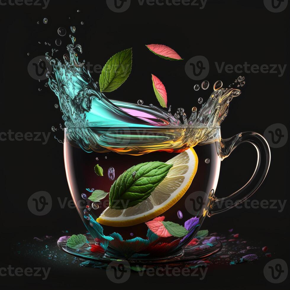 cup of tea splashing splashing mint leaves by photo